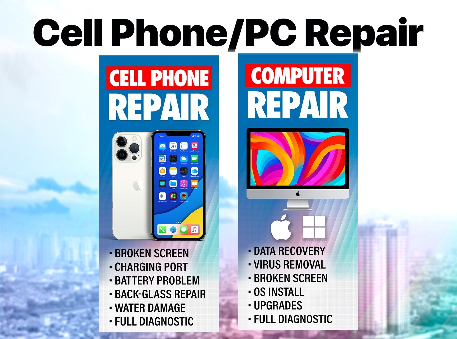 Cell phone and PC repair. Cell phones: broken screen, charging port, battery problem, back-glass repair, water damage, full diagnostic. Computers: data recovery, virus removal, broken screen, OS install, upgrades, full diagnostic.